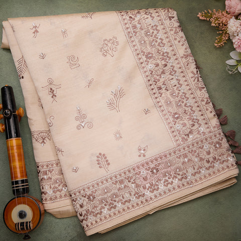 Cream Semi-Tussar Embroidary Saree