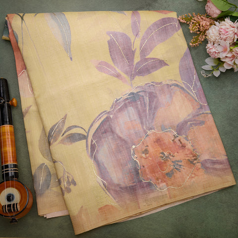 Lemon Yellow Semi-Silk Printed Saree