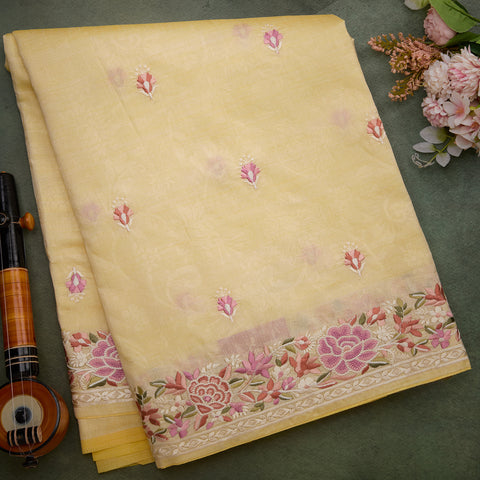 Lemon Yellow Semi-Tussar Thread Embroidery Silk Saree