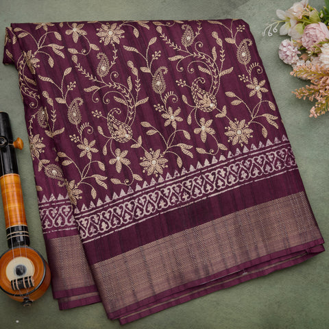 Wine Semi Tussar Silk Saree