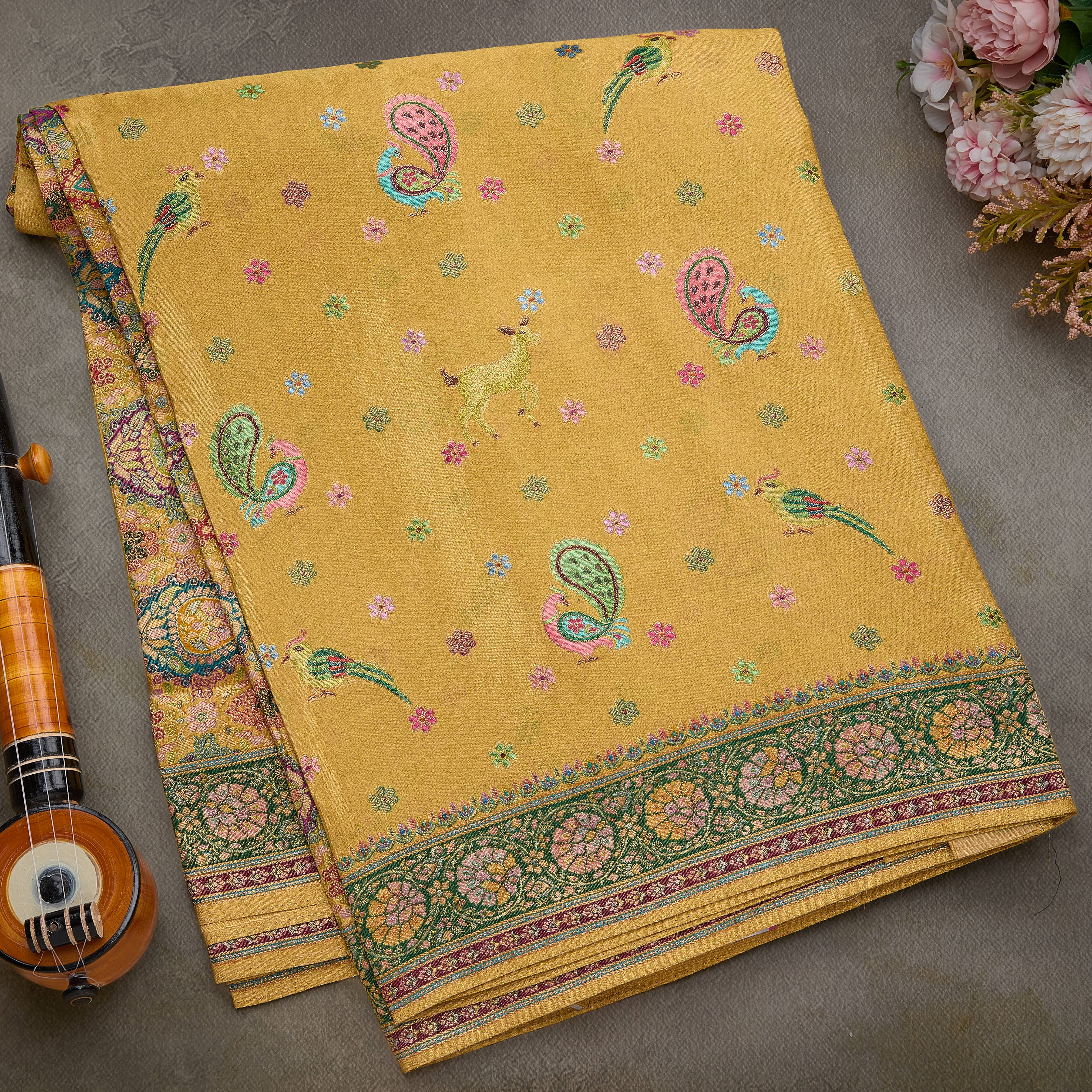 Golden-Yellow Pashmina Tissue Silk Saree - Deepamsilksbangalore