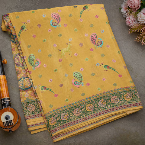 Golden-Yellow Pashmina Tissue Silk Saree