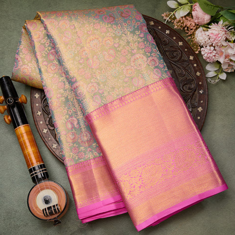 Blue with Pink contrast Kanjeevaram Silk Saree