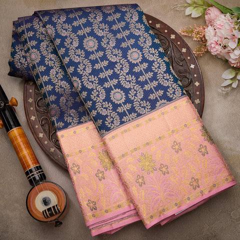 Greyish-Blue Pure Kanjeevaram Designer Silk Saree