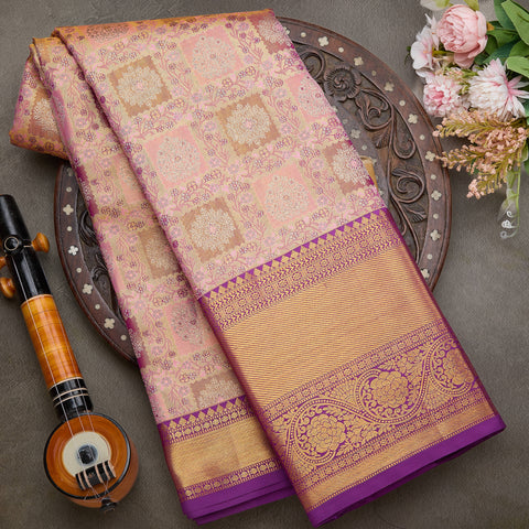 Golden-Peach Pure Kanjeevaram Tissue Silk Saree