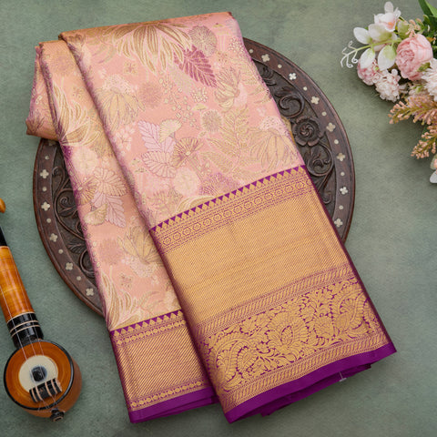 Pale Peach Handloom Kanchi Tissue Brocade Silk Saree