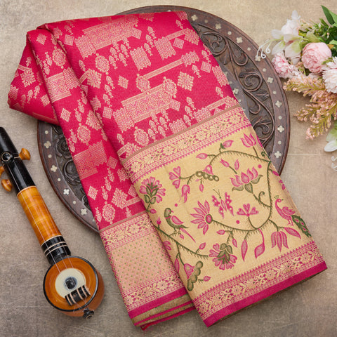 Bright Pink Pure Kajeevaram Brocade Silk Saree