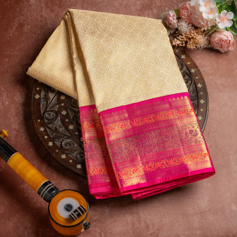 Creme Kanjivaram Brocade Silk Saree