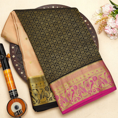 Black and Beige Pure Mysore Crape Silk Saree