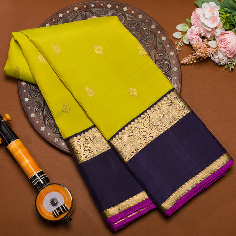 Parrot Green With Navy Blue Emboss Pure Kanjivaram Traditional Silk Saree