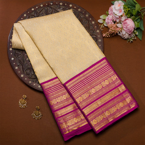 Cream With Pink Border Pure Handloom Kanjivaram Brocade Silk Saree