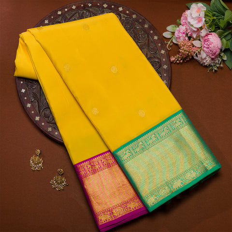 Yellow Kanjivaram Traditional Silk Saree With Ganga Jamuna Border