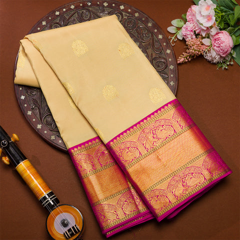 Cream With Pink Emboss Kanjivaram Traditional Silk Saree