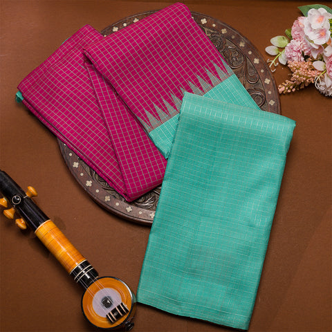 Magenta Pink With Aqua Emboss Pure Handloom Kanjivaram Traditional Silk Saree