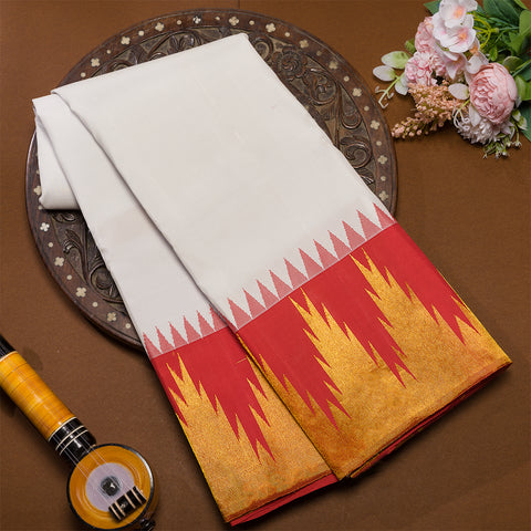 White With Red Emboss Pure Handloom Kanjivaram Traditional Silk Saree