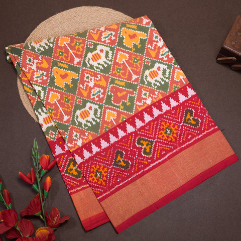 Orange and Green Ikkat Silk Saree
