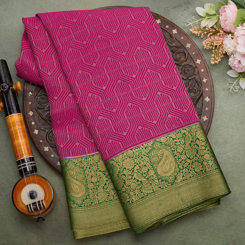 Pure Mysore Silk Pink With Green Border