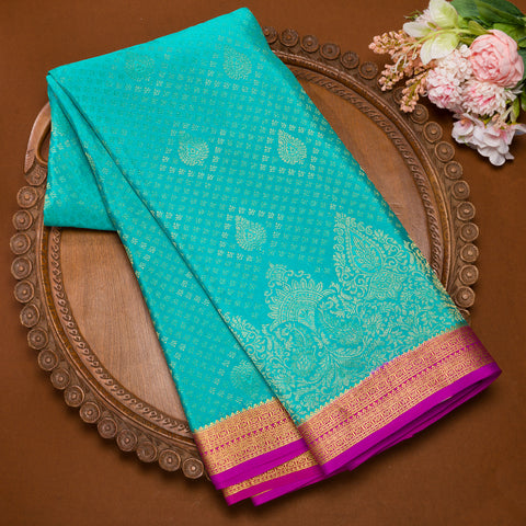 Aqua Blue Mysore Crepe Brocade Silk Saree