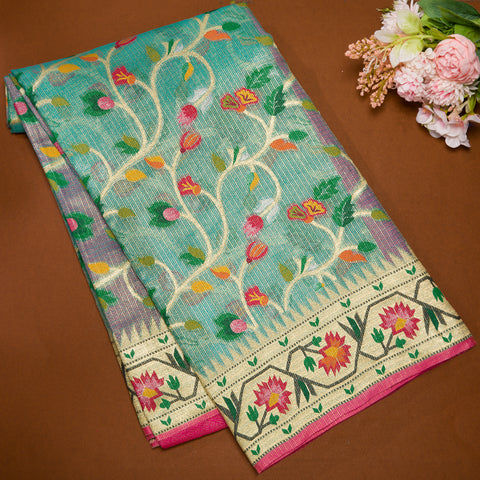 Aqua Blue Zari Kota Saree