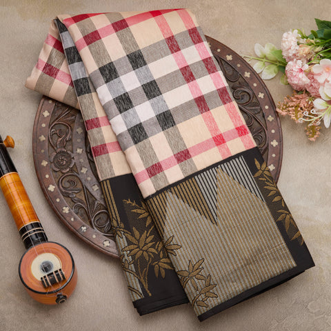 Beige Checks Pure Kanjeevaram Handloom Silk Saree
