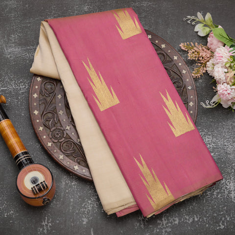 Beige & Onion Pink Pure Kanjeevaram Handloom Silk Saree