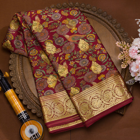 Maroon printed mysore silk saree