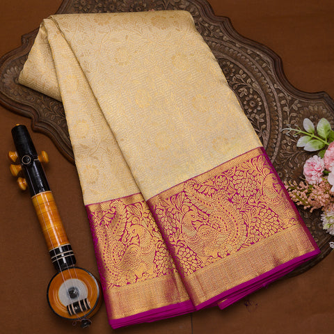 Cream handloom kanjeevaram traditional pure silk saree