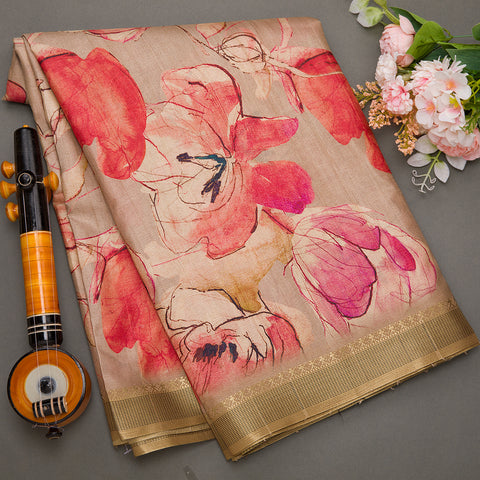 Beige Printed Semi Tussar Silk Saree