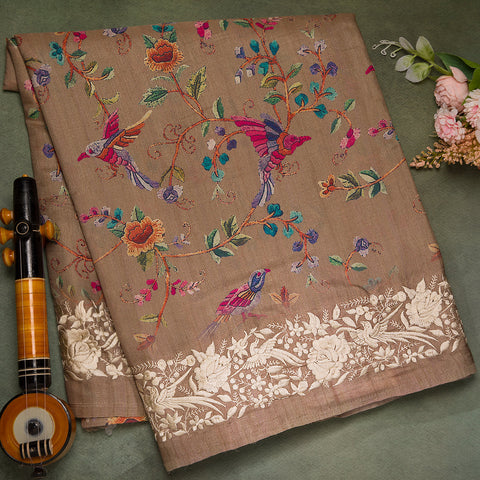 Beige Colour Semi Printed Tussar Silk Saree