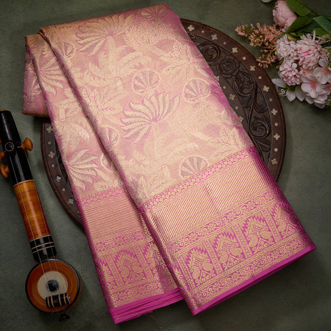 Golden Peach Pure Kanjeevaram Tissue Silk Saree