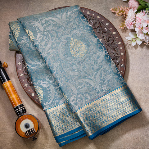 Teal Blue Tissue Brocade Mysore Silk Saree