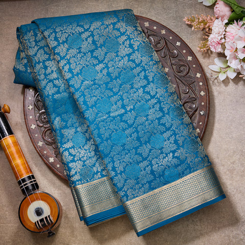 Teal Blue Brocade Mysore Silk Saree