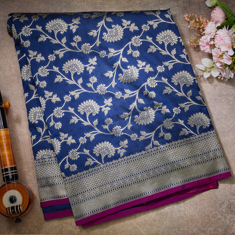 Dark Blue Banarasi Jaal Silk Saree