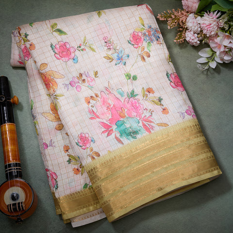 Cream Semi-Floral Print Saree