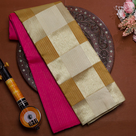 Fusia Pink Skirt Border Multi Colour Check Traditional Kanjivaram Silk Saree