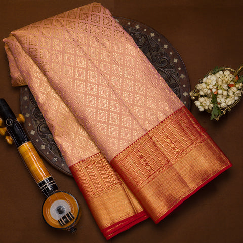 Light Peach Tissue Pure Kanjivaram Brocade Silk Saree