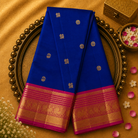 Royal Blue Kanjeevaram Silk Saree with Gold Zari Motifs & Pink-Gold Border