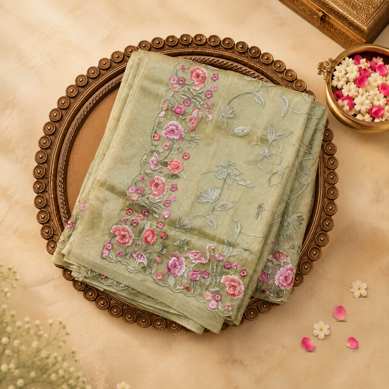 Light Green Organza Saree with Pink Floral Embroidery Border