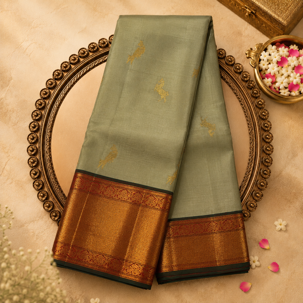 Pastel Green Pure Kanjeevaram Silk Saree with Gold Parrot Motifs & Red-Gold Border