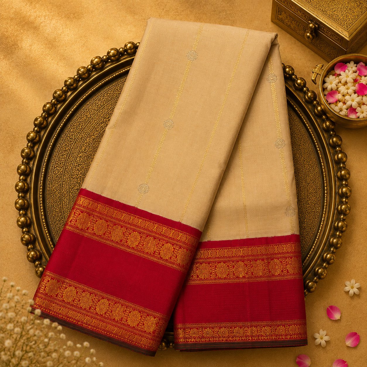 Soft Cream Kanjeevaram Silk Saree with Gold Zari Lines & Red-Gold Border