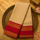 Soft Cream Kanjeevaram Silk Saree with Gold Zari Lines & Red-Gold Border
