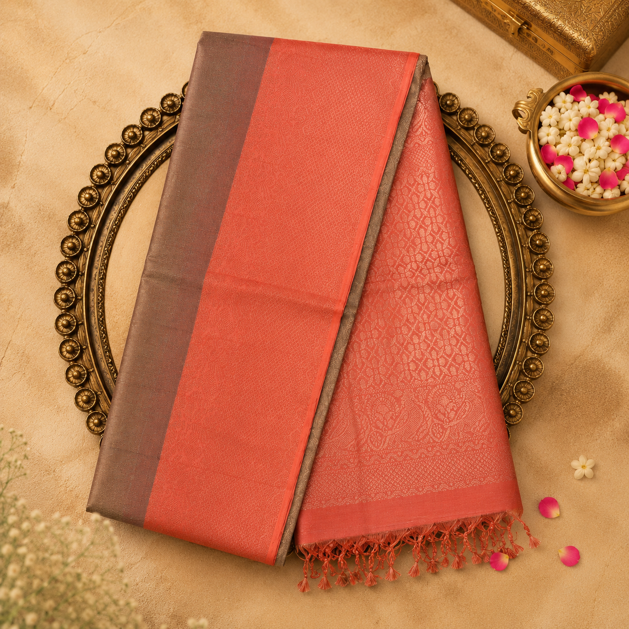 Golden Beige Pure Soft Silk Saree with Zari Weave, Peach Pallu & Blouse