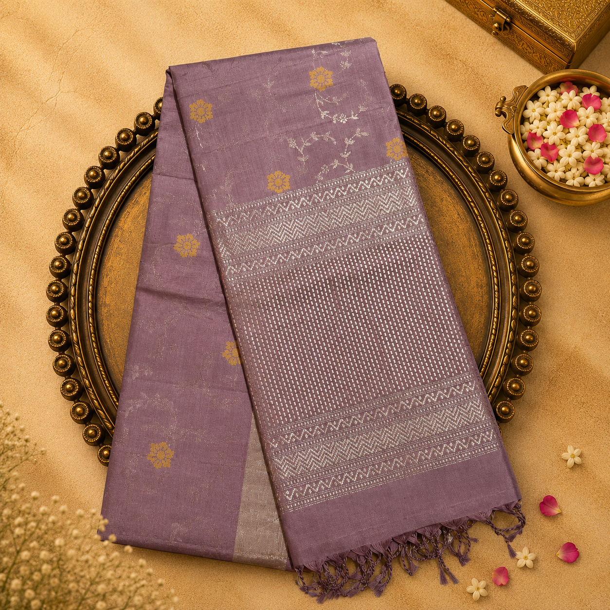 Pink Beige Pure Soft Silk Saree with Floral Zari & Running Blouse