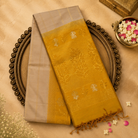 Cream Pure Soft Silk Saree with Gold Zari Work, Yellow-Gold Border, Pallu & Yellow Blouse