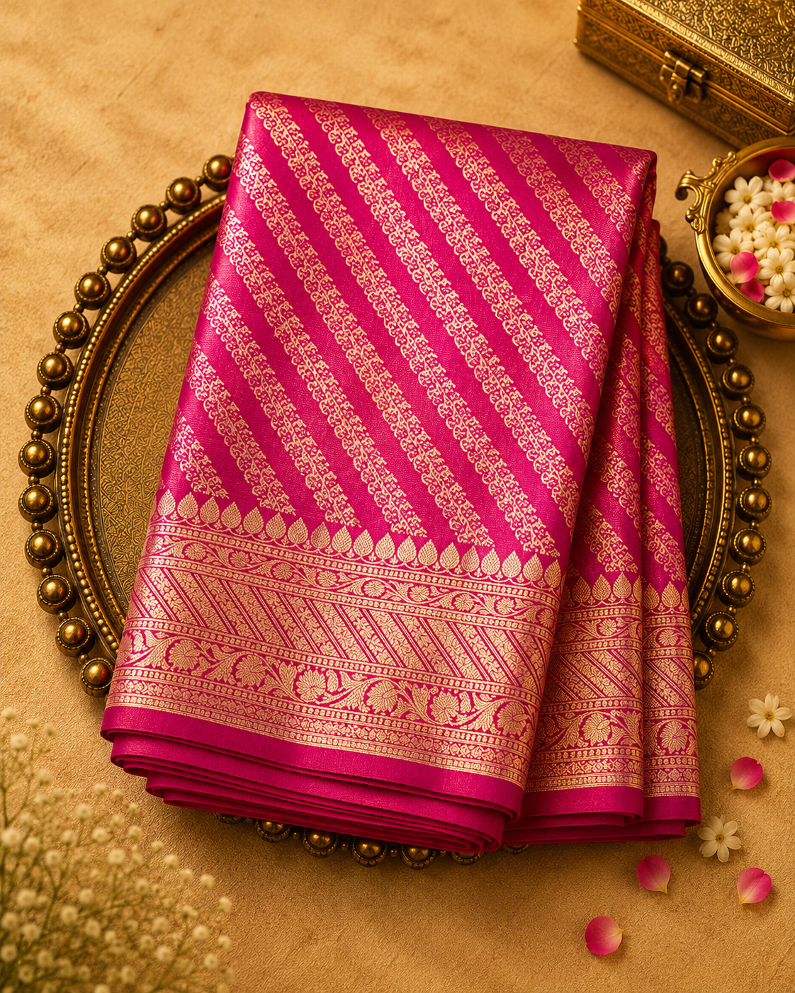 Bright Pink Banarasi Silk Saree with Diagonal Lines & Gold Zari Border