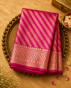 Bright Pink Banarasi Silk Saree with Diagonal Lines & Gold Zari Border
