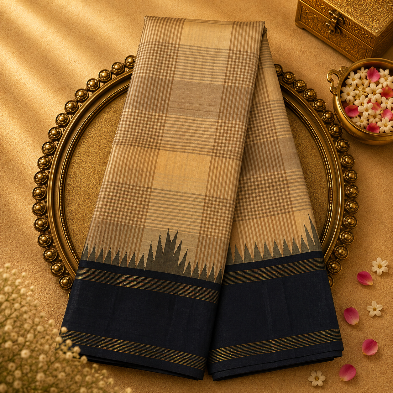 Cream Pure Kanjeevaram Silk Saree with Gold Zari Checks & Black-Gold Border
