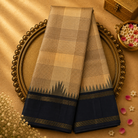 Cream Pure Kanjeevaram Silk Saree with Gold Zari Checks & Black-Gold Border