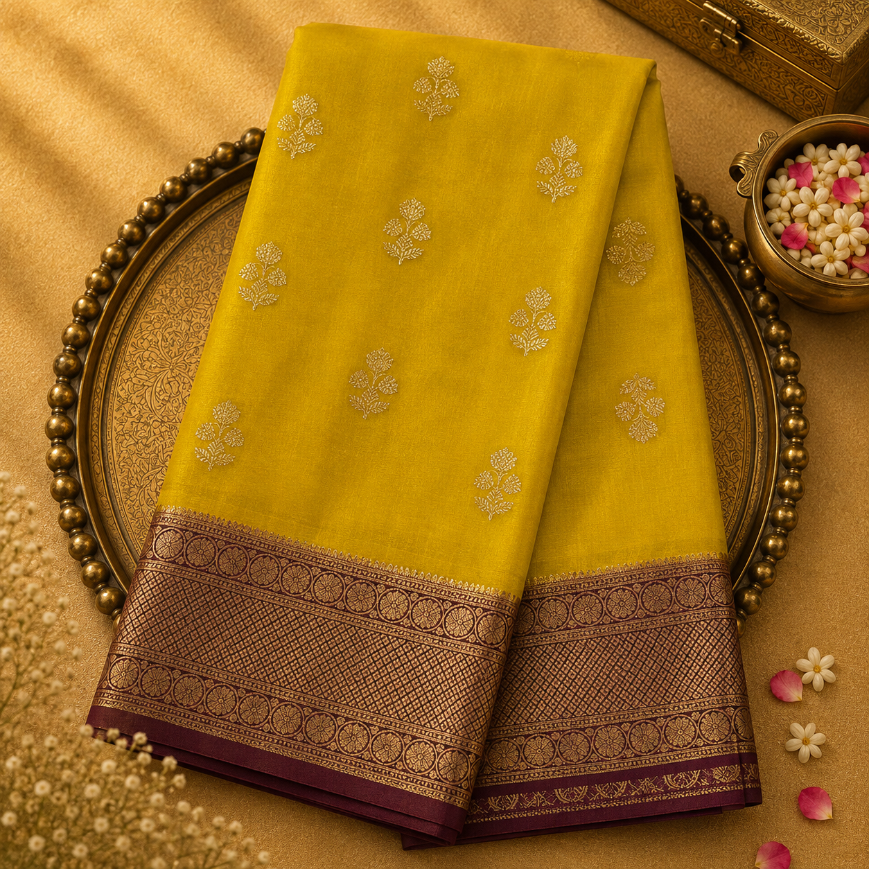 Bright Yellow Mysore Silk Saree with Gold Zari Motifs & Maroon-Gold Border