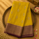 Bright Yellow Mysore Silk Saree with Gold Zari Motifs & Maroon-Gold Border